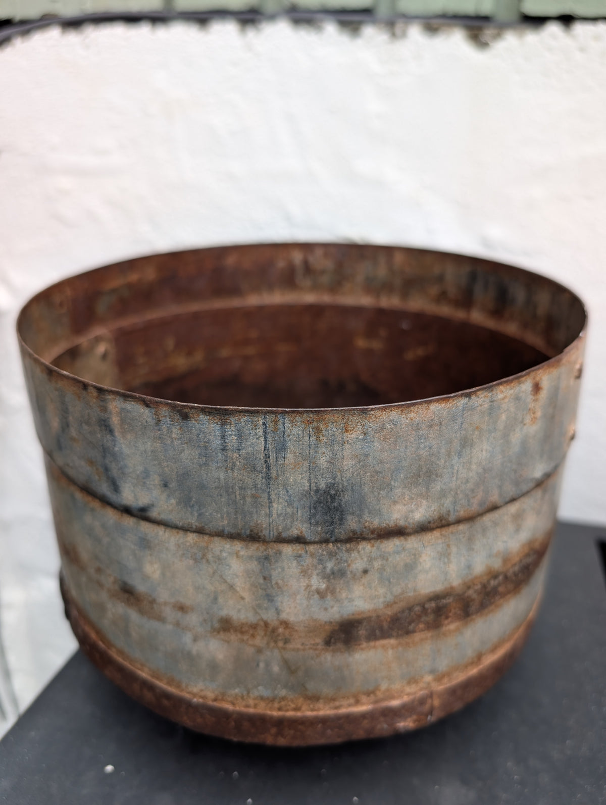 Rustic Aged Metal Ribbed Planter - Vintage Rusty Flower Pot & Garden Tub