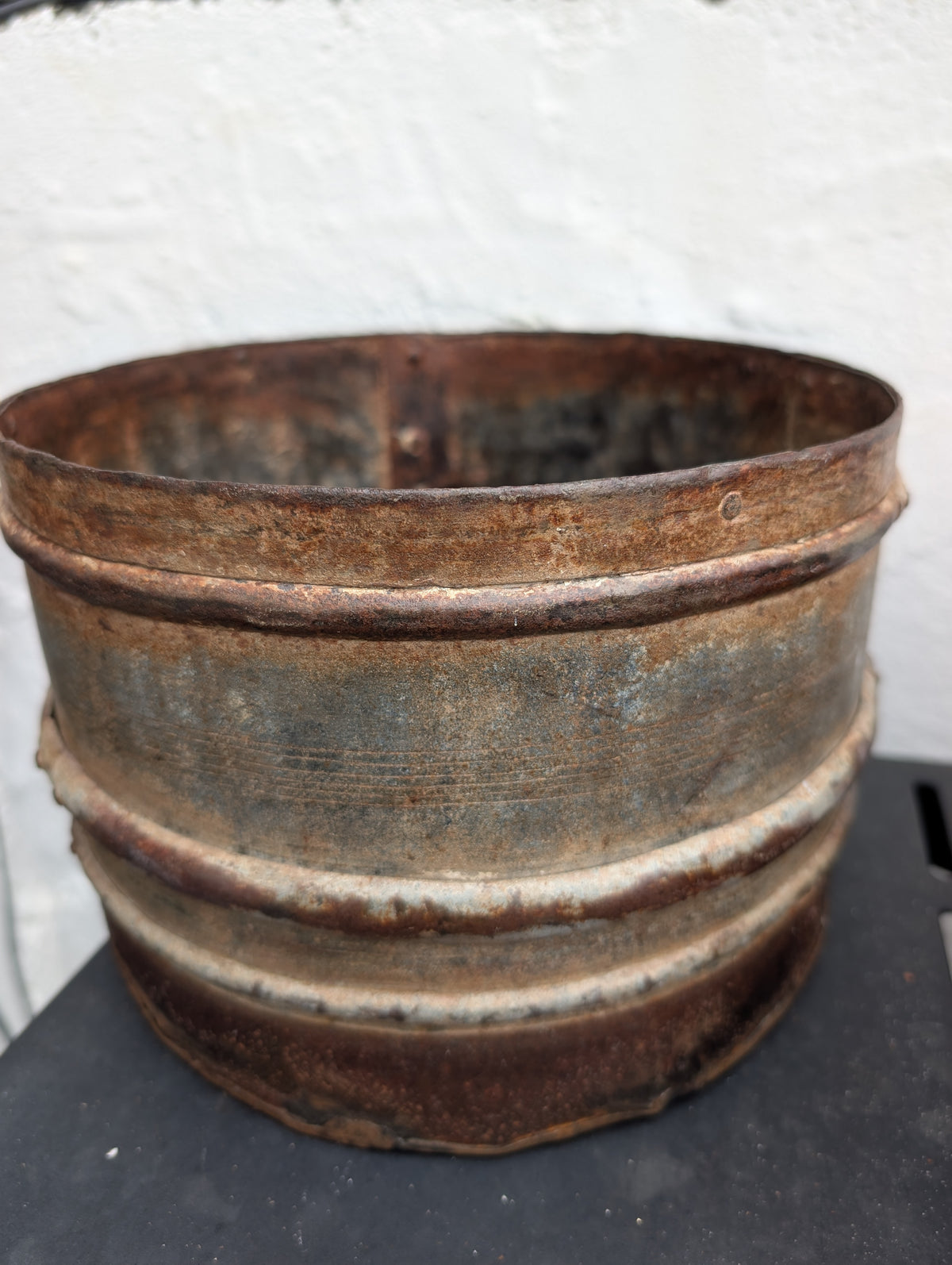 Rustic Heavy Rust Metal Ribbed Planter - Decorative Vintage Industrial Flower Pot