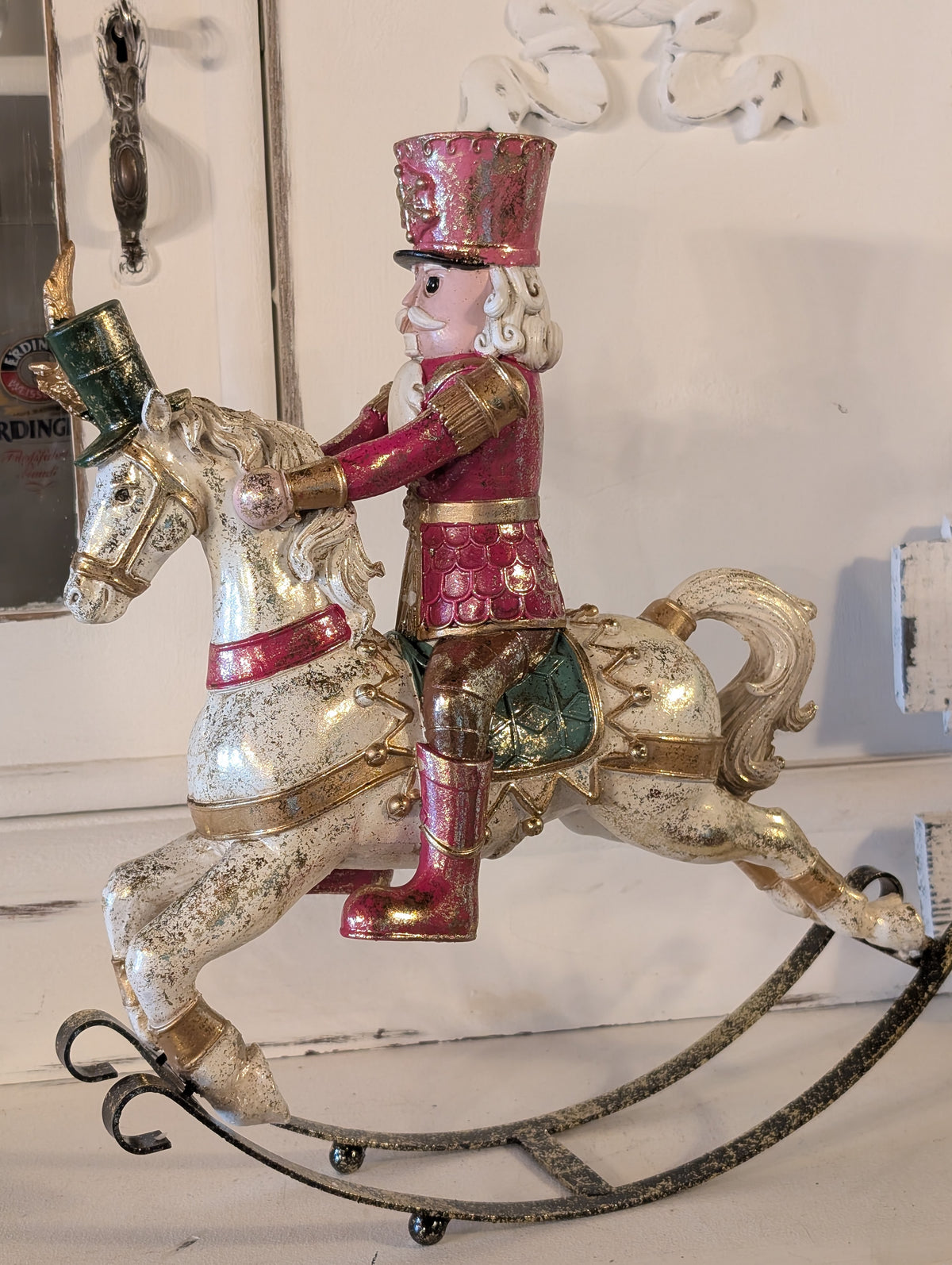 Vintage Shabby Chic Nutcracker on Rocking Horse Christmas Decoration - 35cm