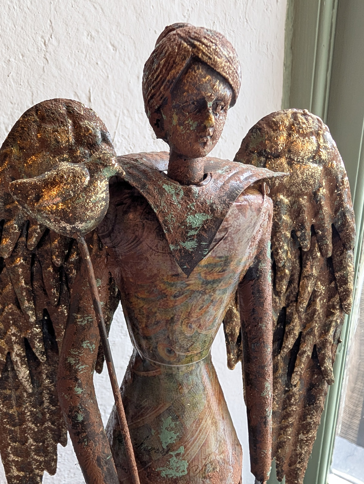 Large Vintage Metal Angel Statue - 54cm Shabby Chic Christmas Guardian Angel Ornament