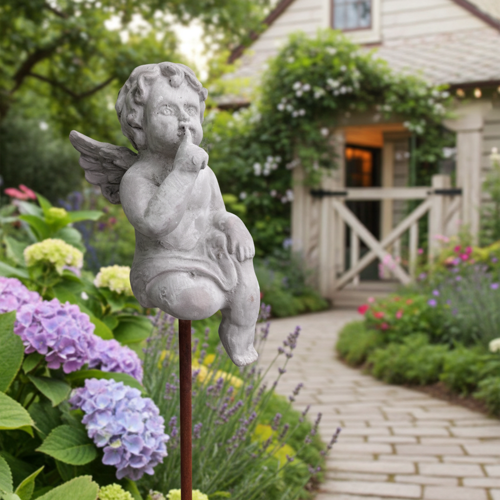 Shabby Chic Cherub angel garden ornament stake, decorative sculpture with shabby chic finish for outdoor garden décor