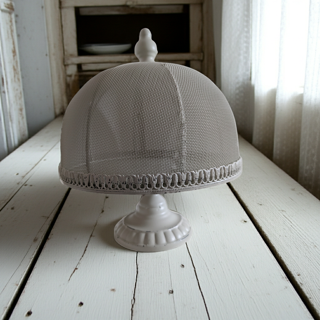Vintage wire cloche with base from shabbychicdecor.co.uk, showcasing a mesh dome display for decorative or display use.