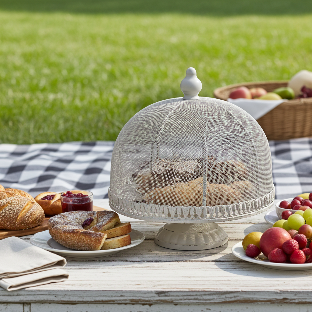 Vintage shabby chic wire cloche with base, mesh dome display for decorative or display use.