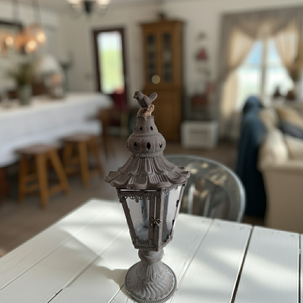 Decorative vintage shabby chic metal lantern with ornate details, ideal for garden or home decoration displays.
