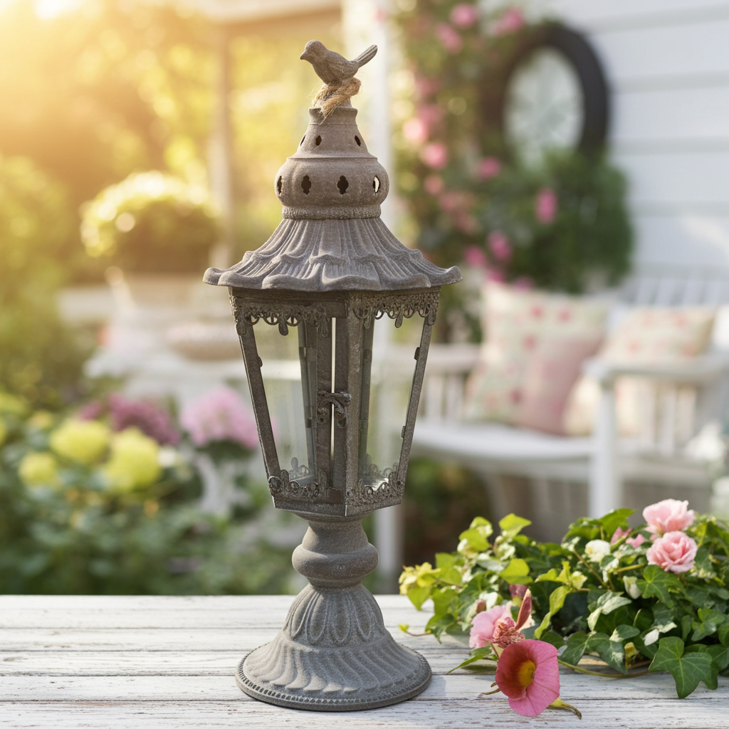 Vintage shabby chic metal lantern with ornate details, ideal for garden or home decoration, by shabbychicdecor.co.uk