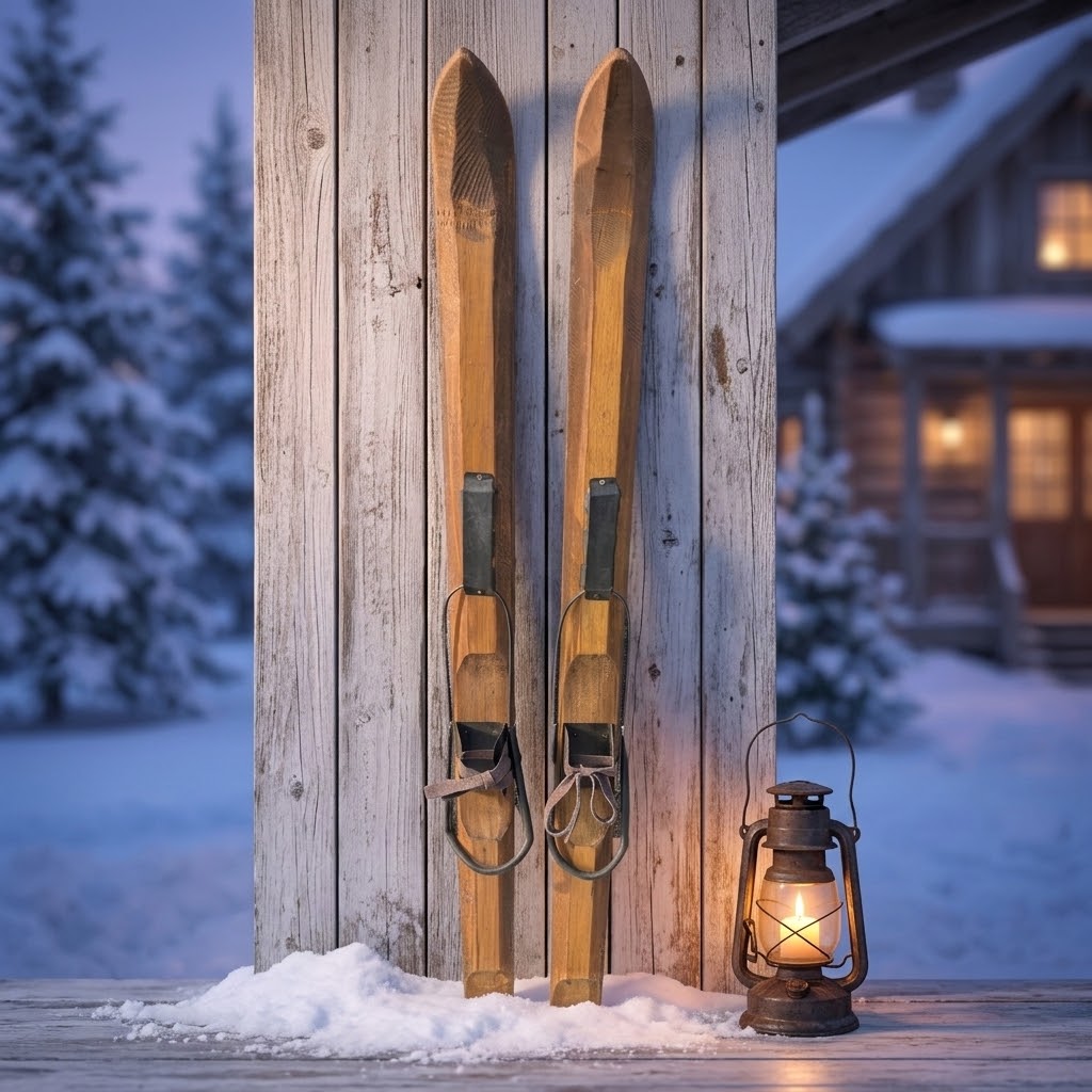 Vintage Style Wooden Christmas Deco Skis with Metal Bindings 90cm