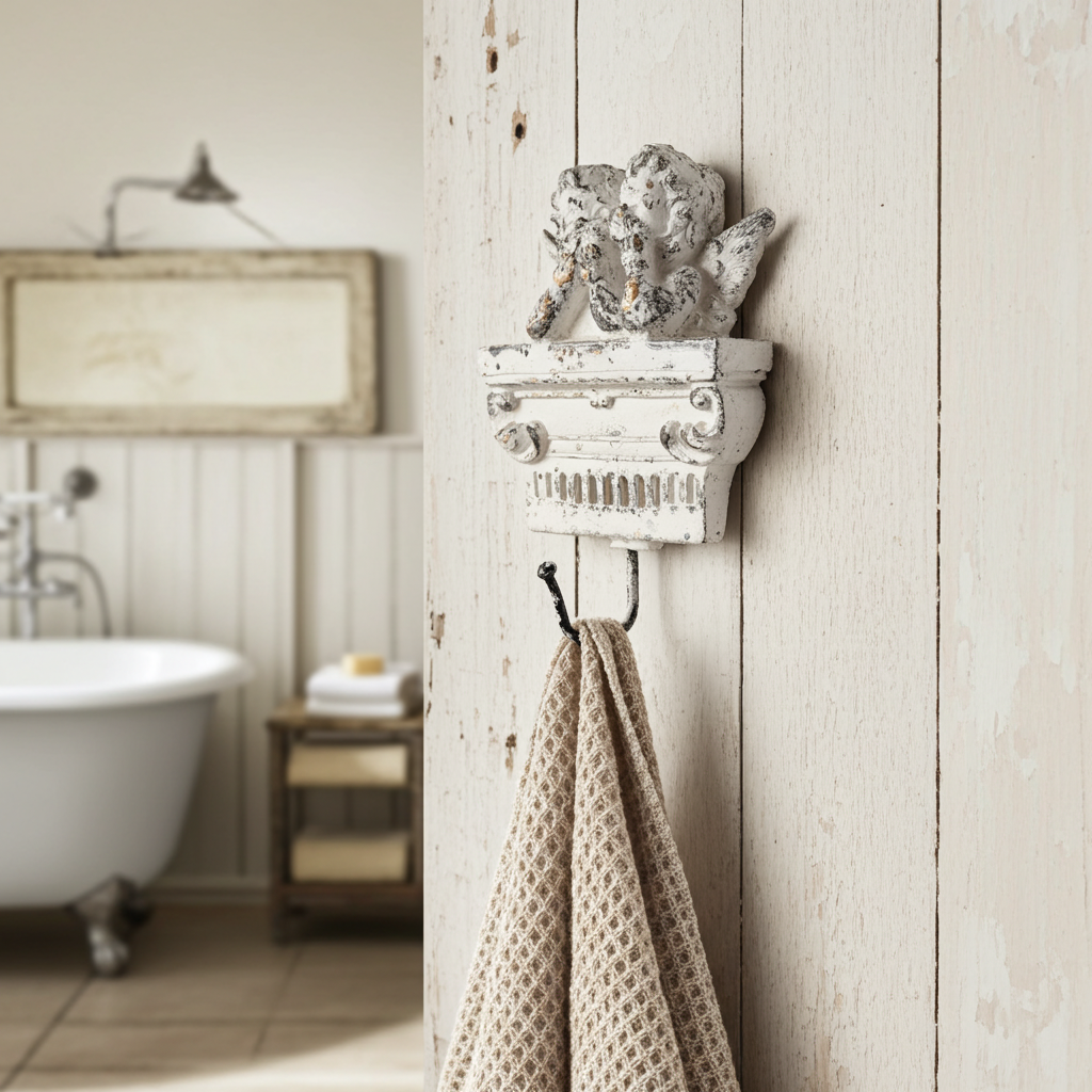 Vintage shabby chic angel towel holder featuring a cherub cast wall hook, perfect for bathroom or decor accents.