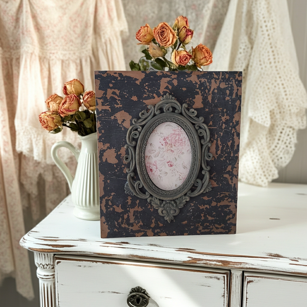 Ornate oval shabby chic grey and beige picture frame for wall decor, detailed decorative wall art by shabbychicdecor.co.uk