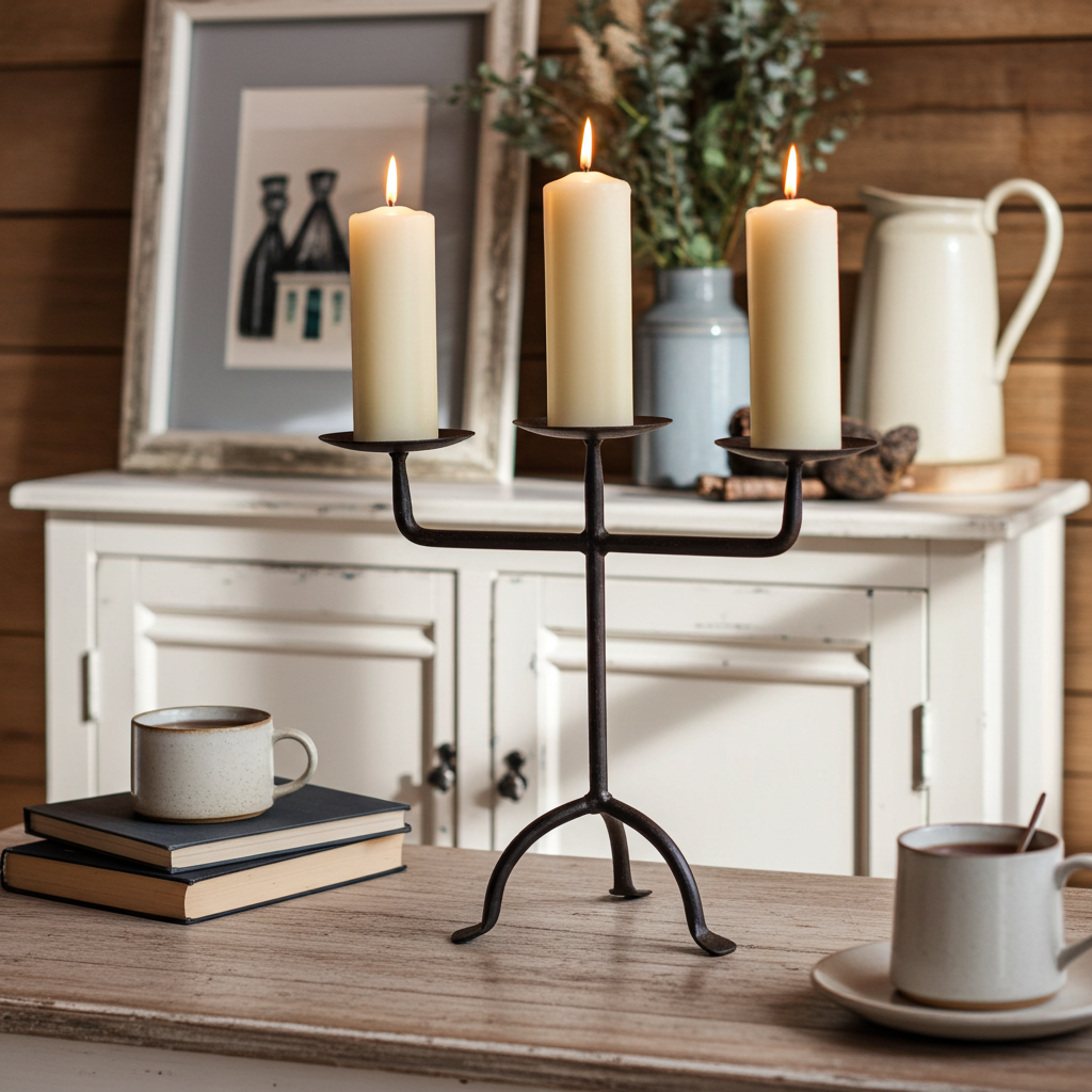 Vintage black metal 3-arm candelabra candle holder with shabby chic style, perfect for rustic or elegant decor accents