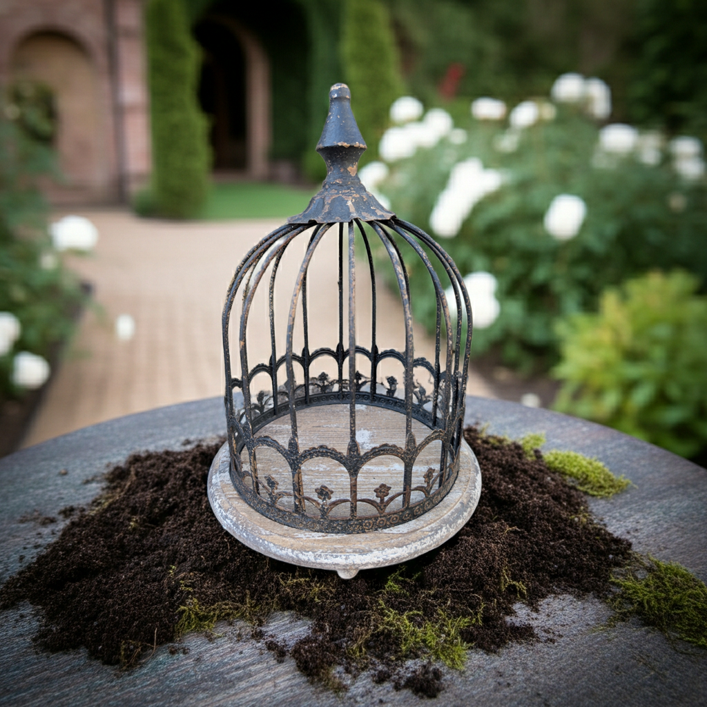 Vintage grey metal aviary birdcage from Shabby Chic Decor, outdoor garden ornament with decorative birdcage design.