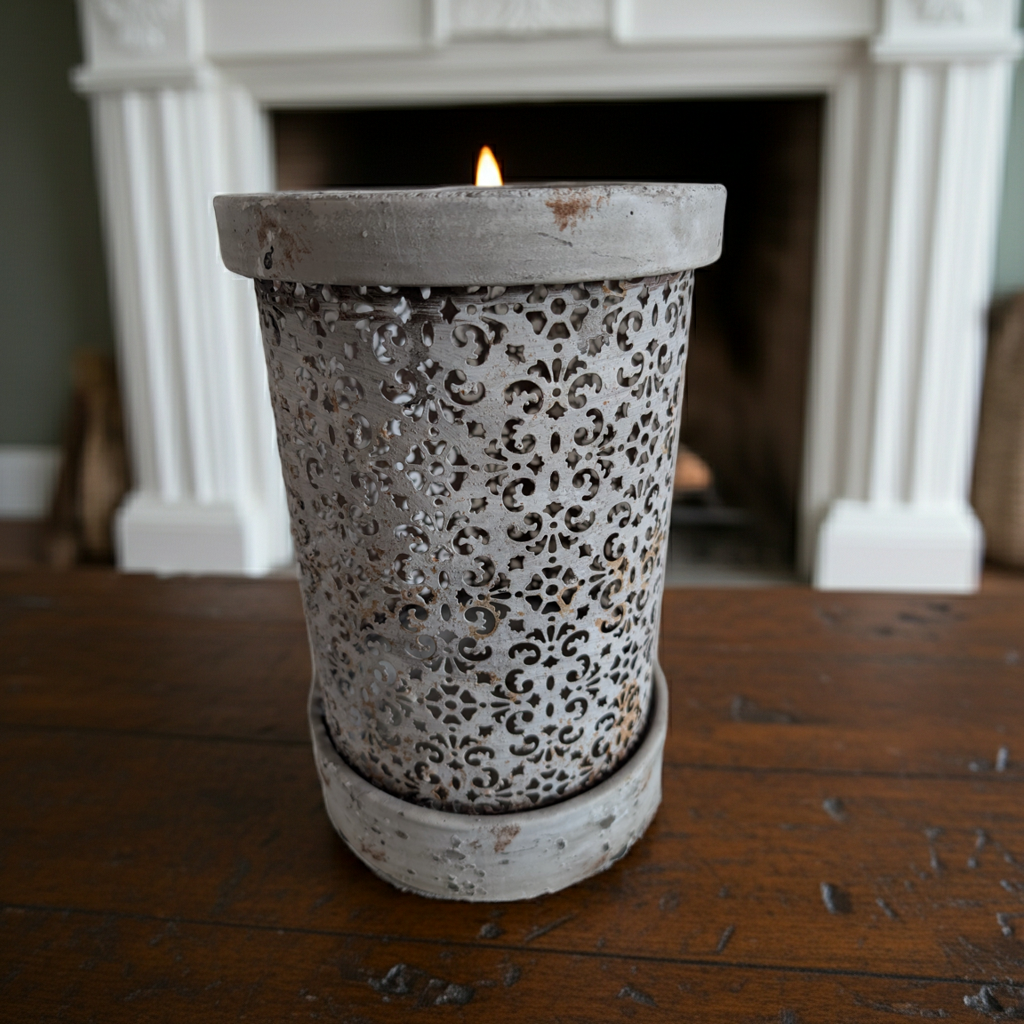 Large vintage metal lantern candle holder with shabby chic filigree design, perfect for decorative candle lighting.