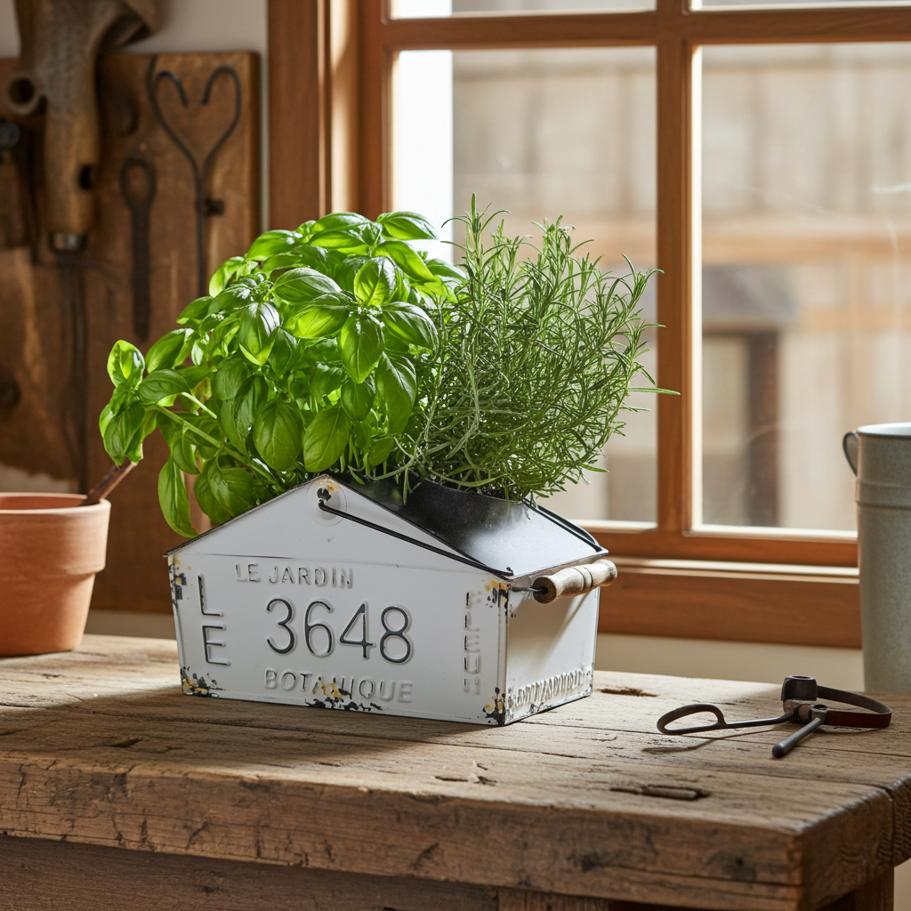 Shabby chic white metal herb basket caddy with handle, ideal for indoor or outdoor plant display and organization.