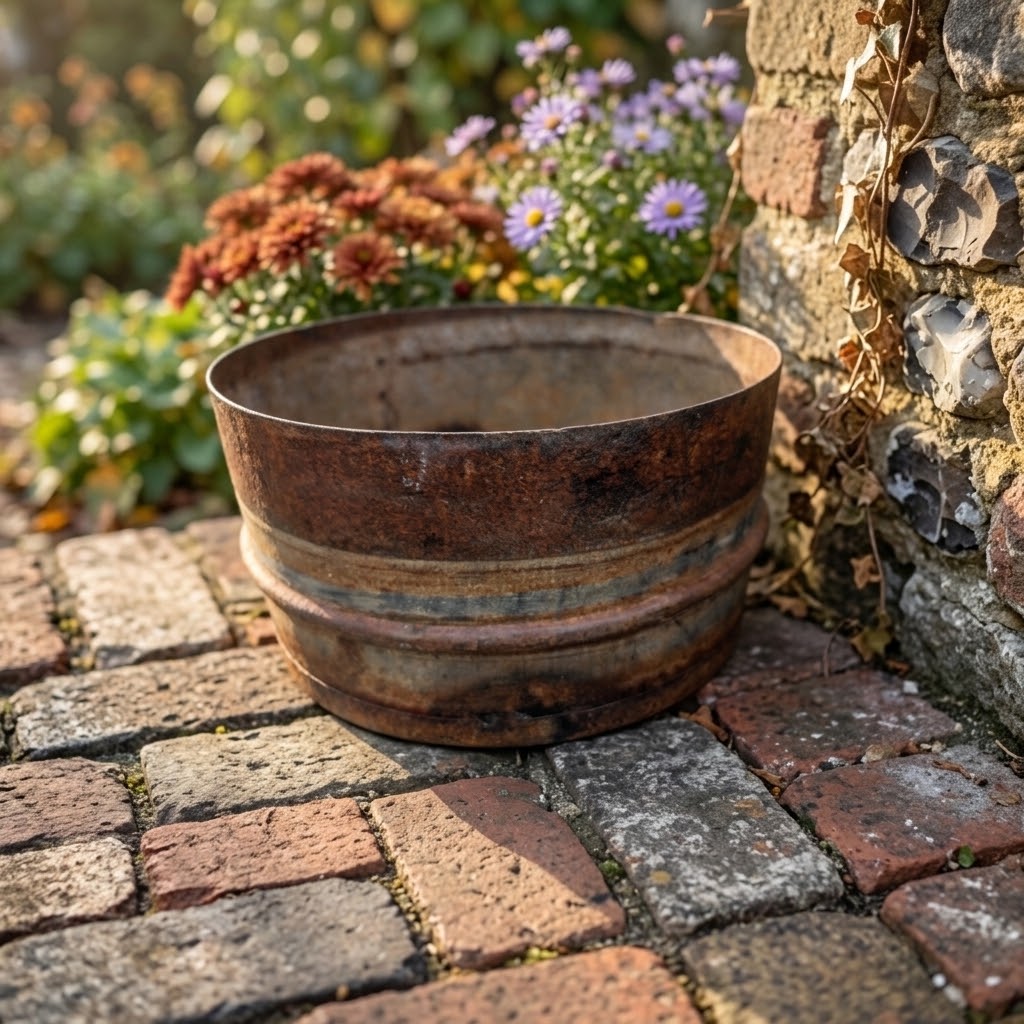 Rustic Aged Metal Ribbed Planter - Vintage Rusty Flower Pot & Garden Tub