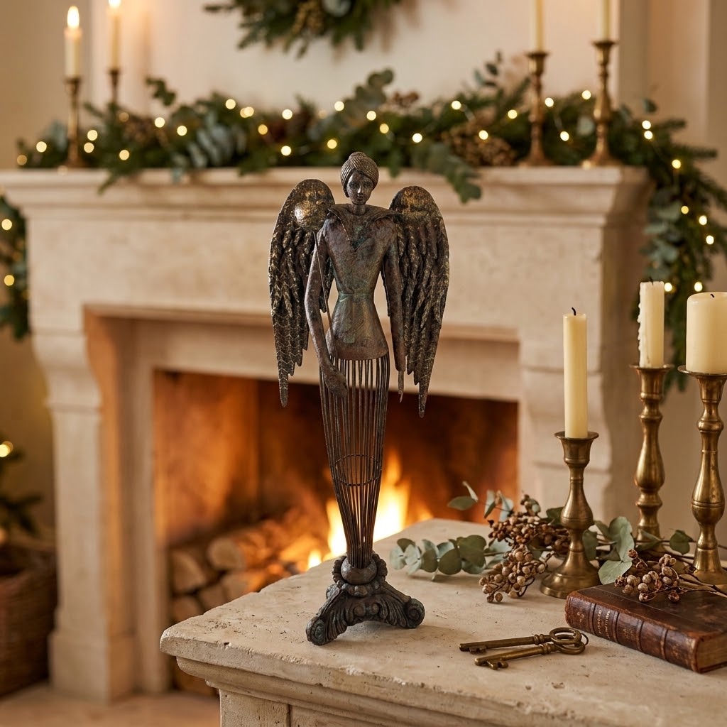 Large Vintage Metal Angel Statue - 54cm Shabby Chic Christmas Guardian Angel Ornament