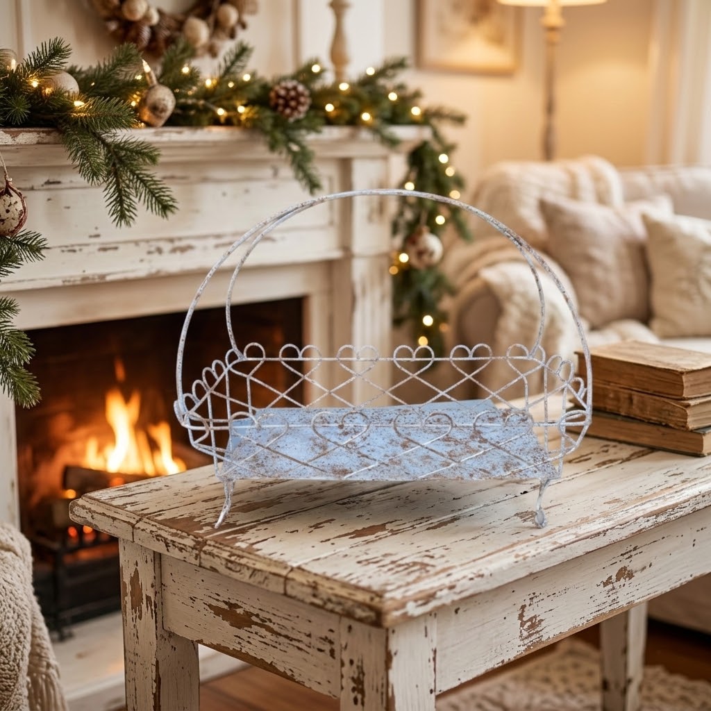 Shabby Chic Metal Tray with Handle & Heart Detail – Vintage Cake Stand