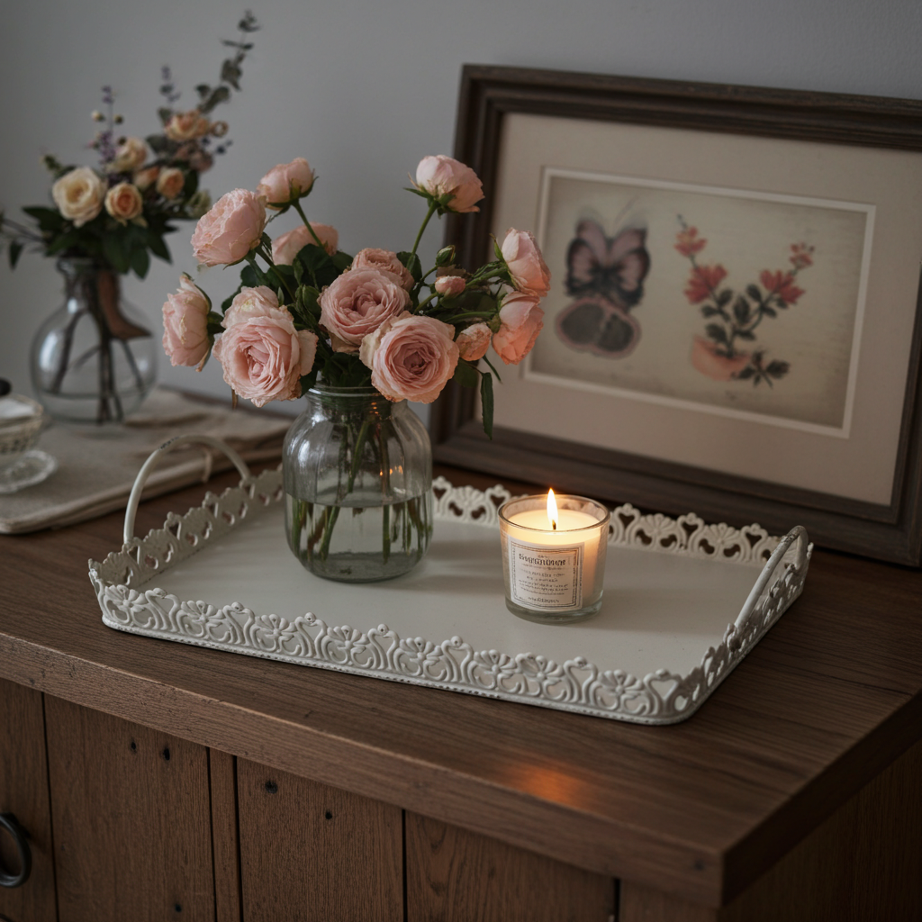 Vintage shabby chic filigree metal decorative tray with ornate detailing, perfect for elegant home decor.
