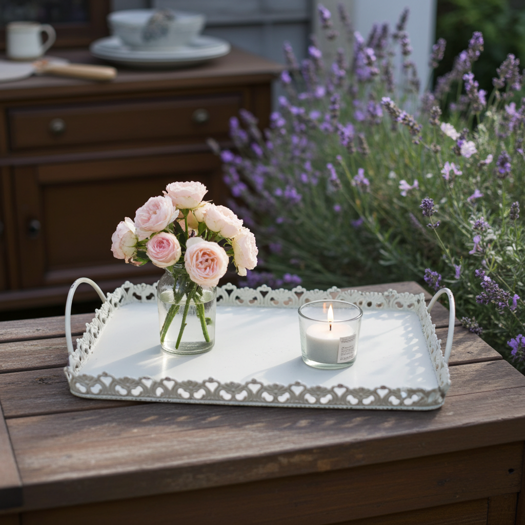 Vintage shabby chic filigree metal tray with ornate design, perfect as a decorative gallery platter.